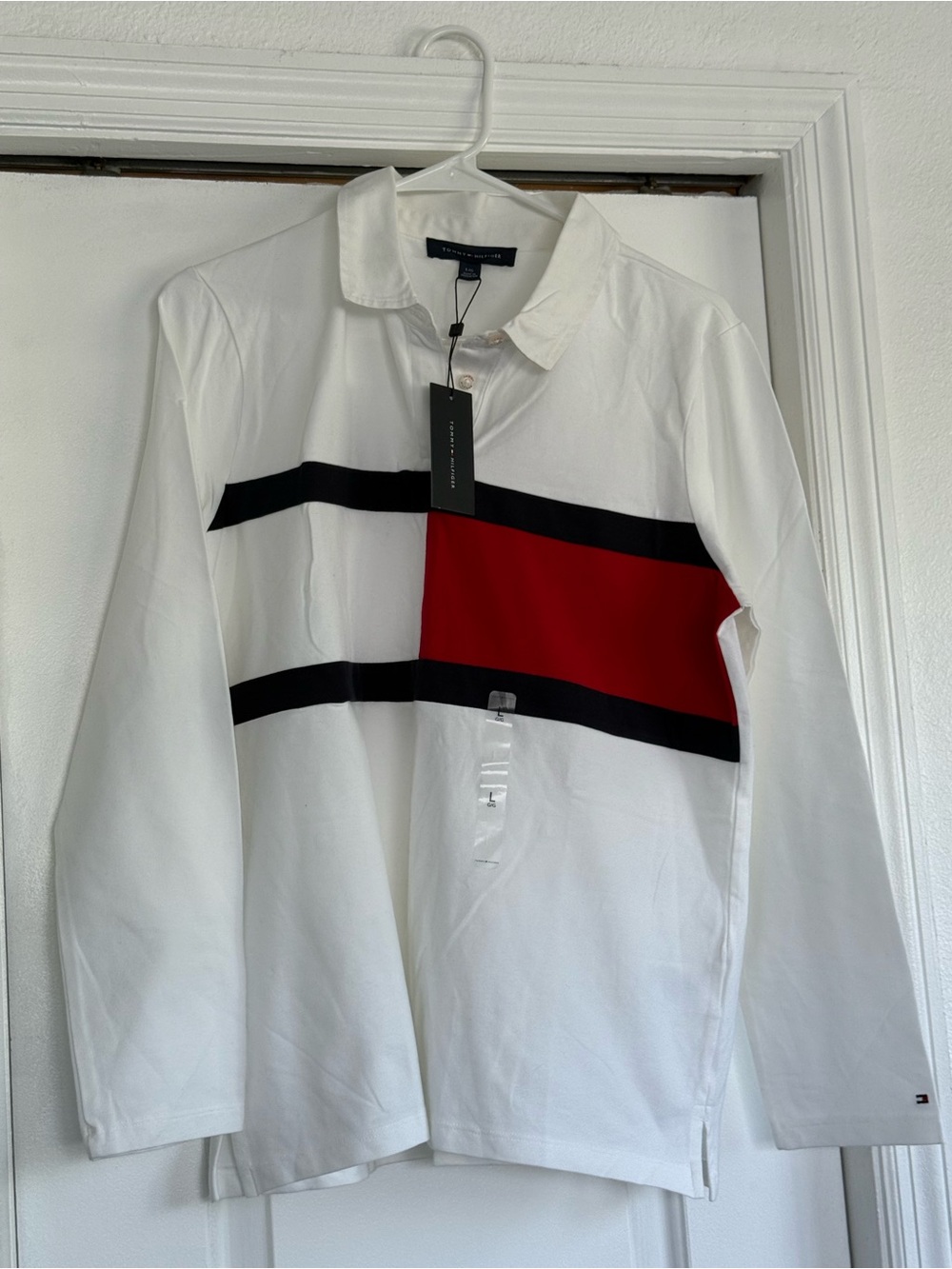 Tommy Hilfiger White Long-Sleeve Rugby Shirt with Red & Black Chest Panels